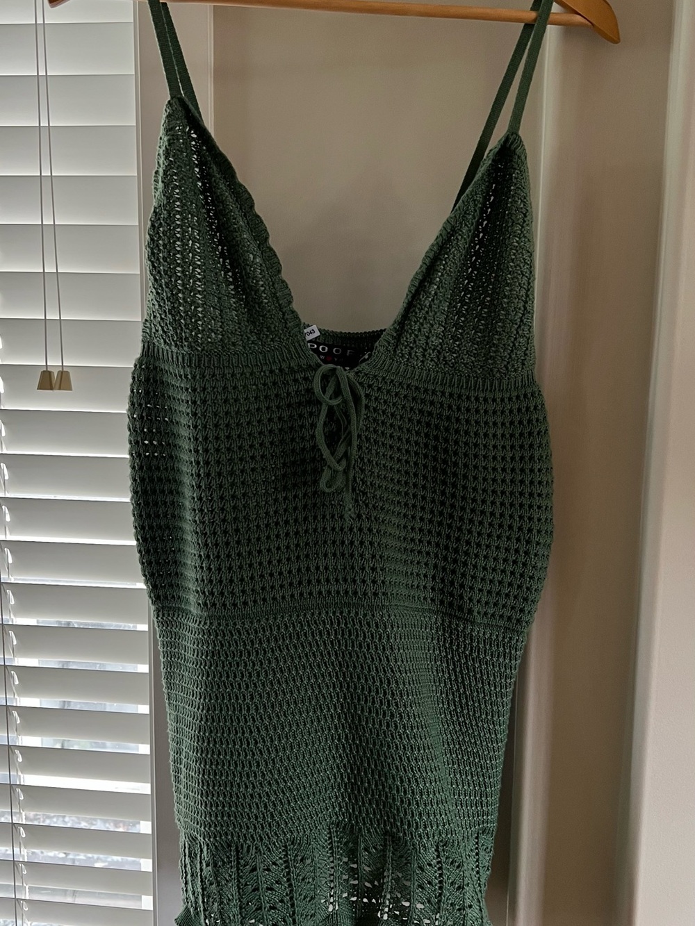 Crochet Knit Spaghetti Strap Dress in Forest Green